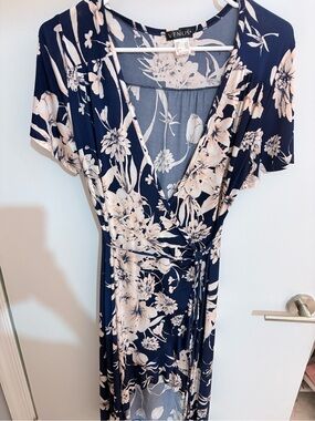 VENUS Navy and Blush Floral Asymmetrical Wrap Dress